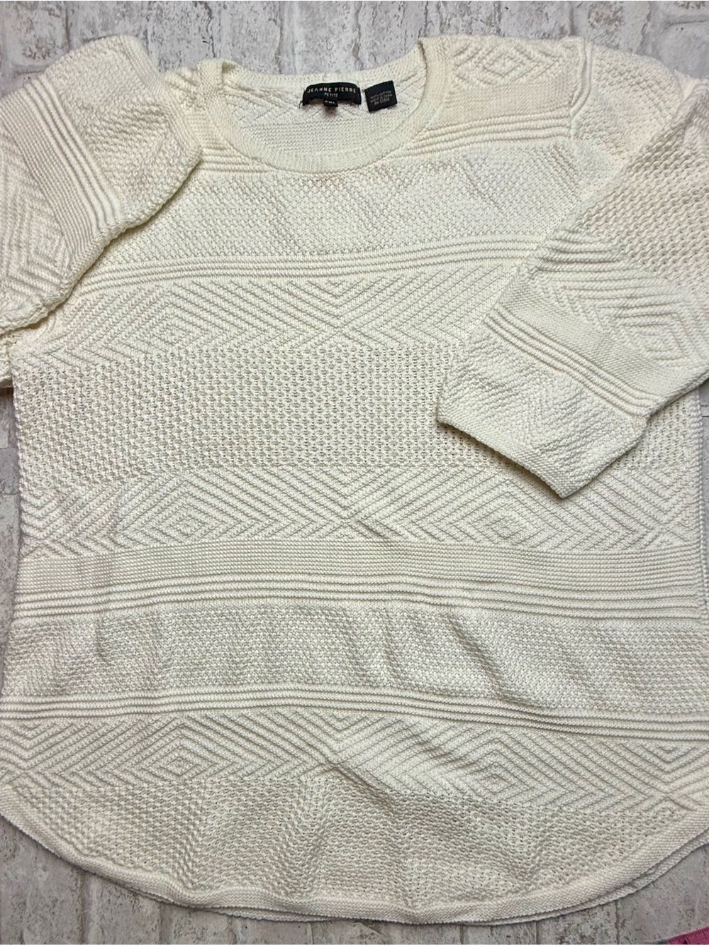 Jeanne Pierre Petites PXL Ivory Cotton Knit Textured Geometric Crew Pullover 😍
